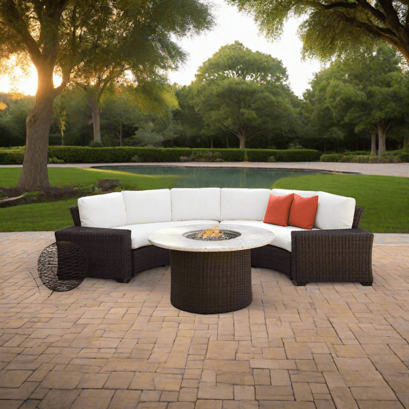Lloyd Flanders Mesa 5-Piece Woven Vinyl Curved Sectional Set with Fire Table