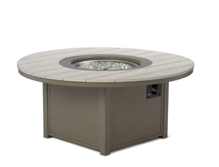 Telescope 54" Round Rustic Polymer Top Chat Height Fire Table with easy access pullout propane shelf