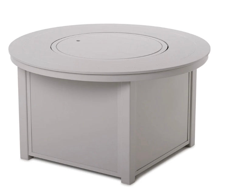 Telescope 42" Round Marine Grade Polymer Top Chat Height Fire Table with easy access pullout propane shelf
