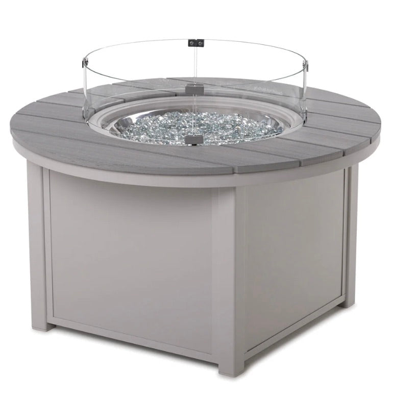 Telescope 42" Round Rustic Polymer Top Chat Height Fire Table with easy access pullout propane shelf