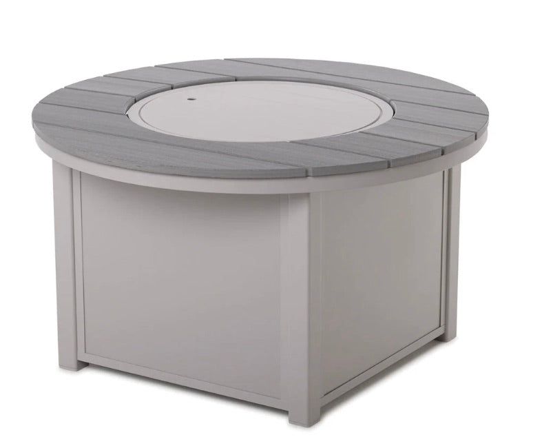 Telescope 42" Round Rustic Polymer Top Chat Height Fire Table with easy access pullout propane shelf