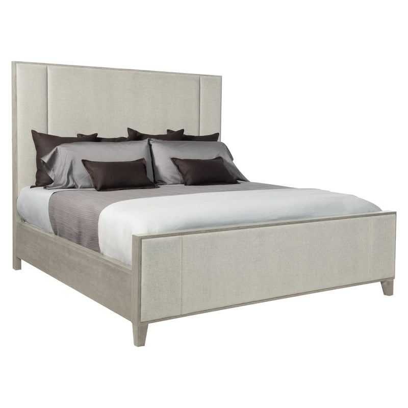 Bernhardt Linea King Panel Bed with Upholstered Headboard and Footboard in Cerused Greige Finish